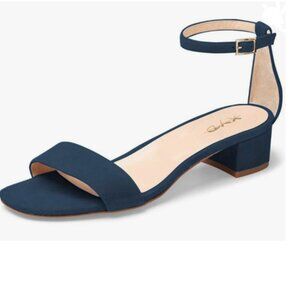 XYD Dark Blue Open Toe Low Heel Chunky Block Sandals Buckled Ankle Strap Shoes